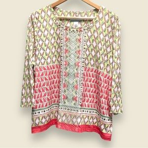 Alfred Dunner Peach/Green‎ Aztec Print Jeweled Neckline Top